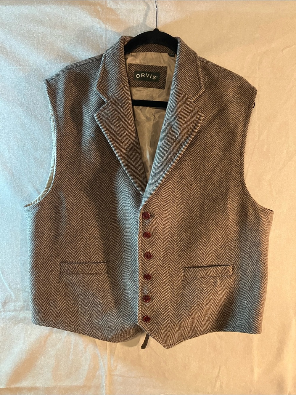 Orvis English Country Brown Herringbone Tweed Wool Waistcoat Vest Men’s XL